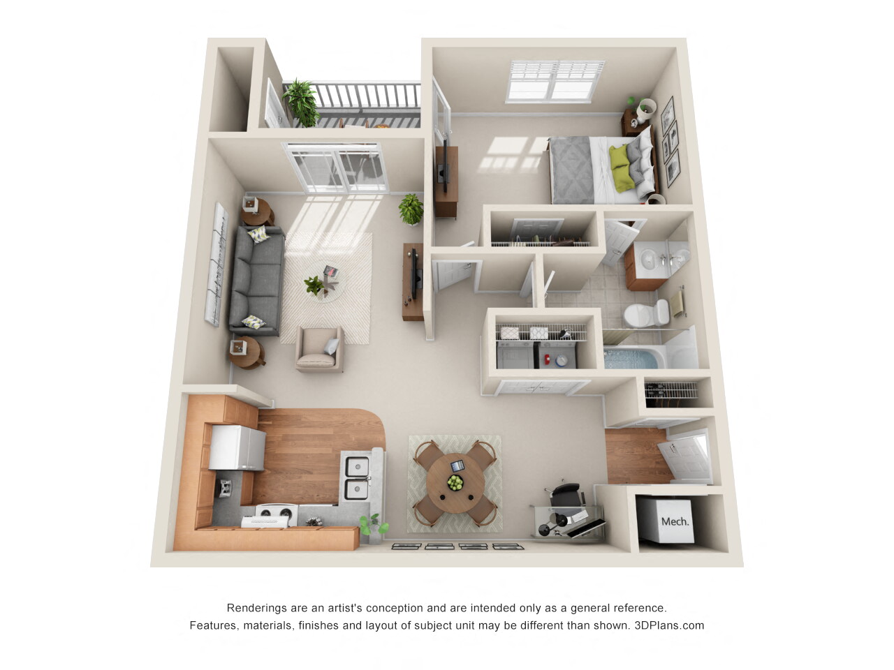 Floor plan for 1 bed, 1 bath, 788 sqft